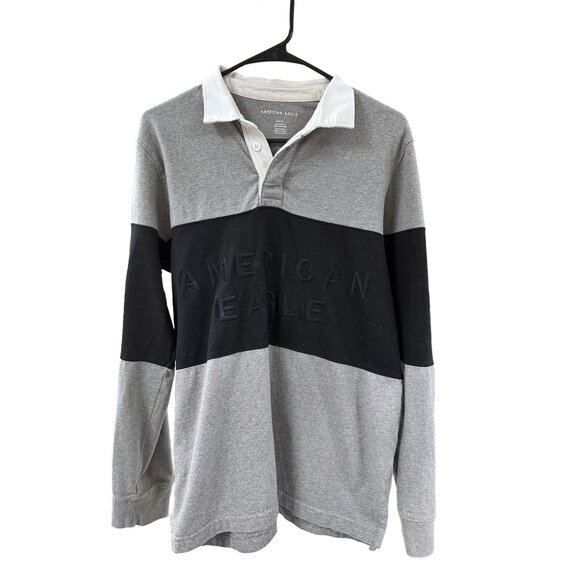 American Eagle Other - 🍒 2/$20 🍒American Eagle Gray and Black Block Stripe Long Sleeve Logo Polo sz M